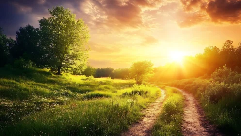 Sunlit country path curves through vivid green summer meadow.