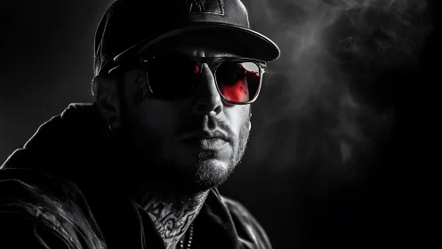 Moody monochrome portrait with red reflective sunglasses.