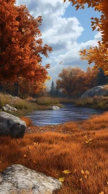 Autumn creek winding through vivid copper forest floor.