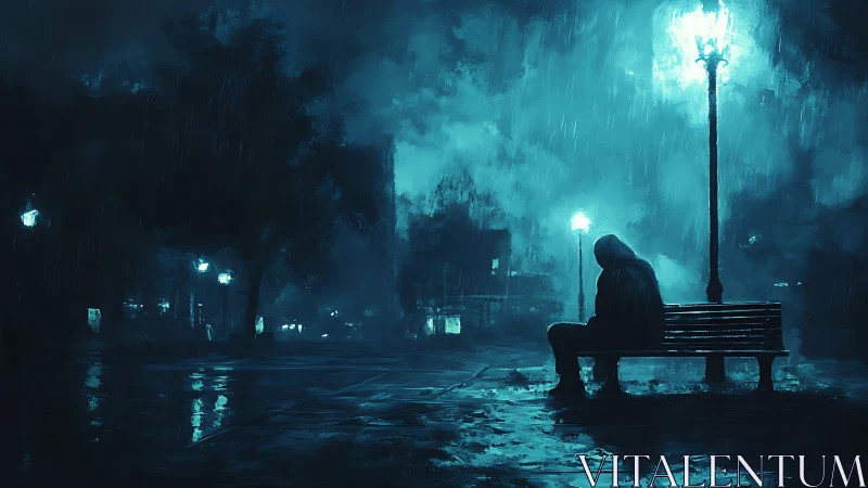 Solitary hooded figure on bench under wet night streetlights.