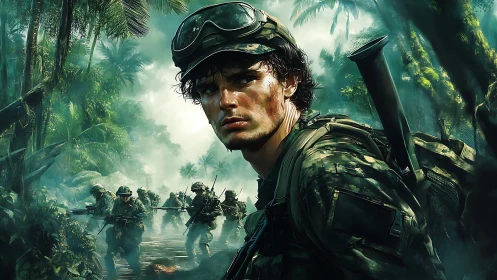 Young soldier advances through dense jungle under fire