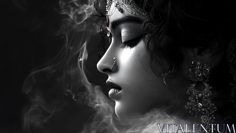 Profiled goddess in smoke with ornate silver adornments.