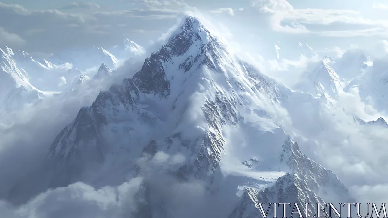 Silent snowy peaks rise gently through drifting winter clouds