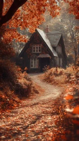 Country cottage stands on curved path amid dense autumn trees