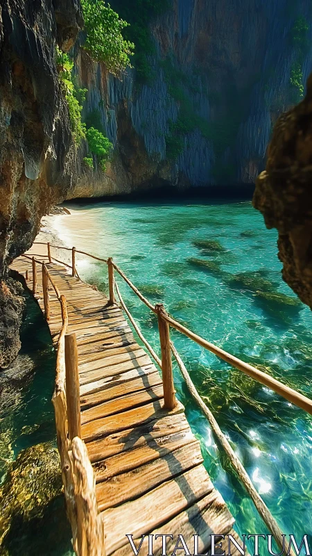Wooden Boardwalk Descends Into Turquoise Lagoon Cove.