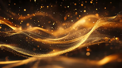 Abstract golden waves with sparkling particles, digital art style.