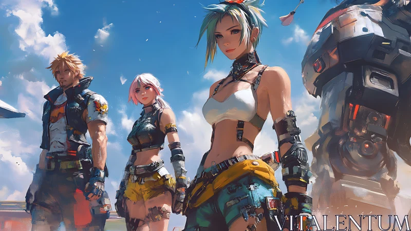 Three  cyberpunk figures stand outdoors under a bright sky