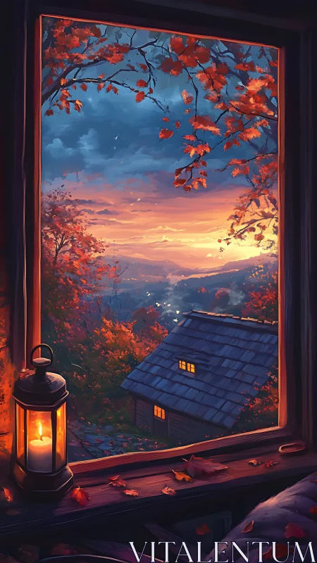 Cozy cabin window view over autumn valley at sunset.
