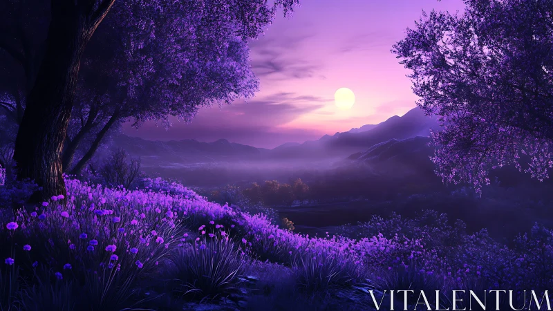 Purple forest valley under full moon and distant mountains
