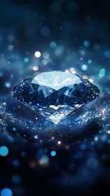Floating cut diamond rendered with luminous blue bokeh