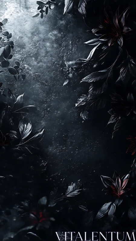 Dark glossy foliage frames textured misty background