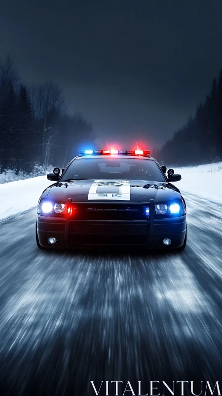 Storm-chasing patrol car tears through a frozen midnight highway.