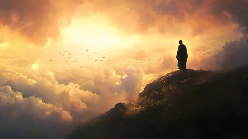 Lone dreamer standing above sunlit oceans of cloud.