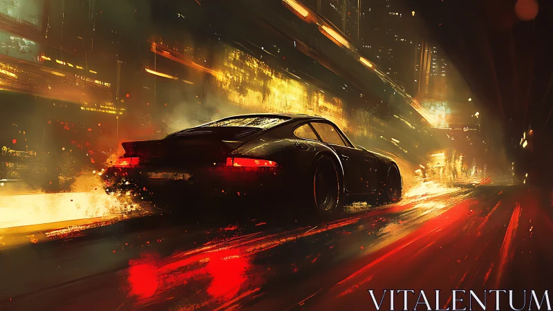 Midnight city racer carving light trails through the night.