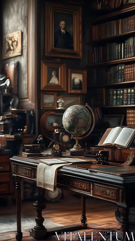 Historical study with globe, documents, and framed portraits