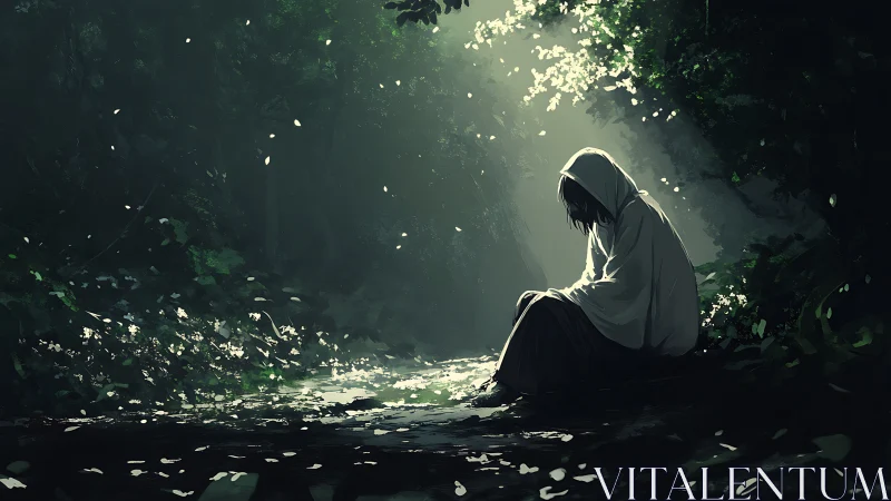 Solitary hooded figure in volumetric forest light field.