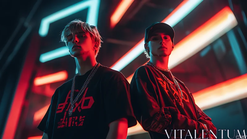 Neon-lit street style duo under bold electric city glow.