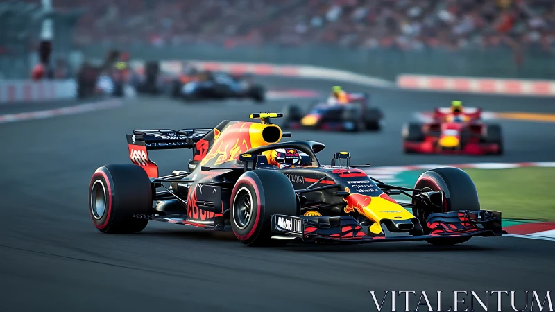 Formula race car leads pack through high speed circuit corner