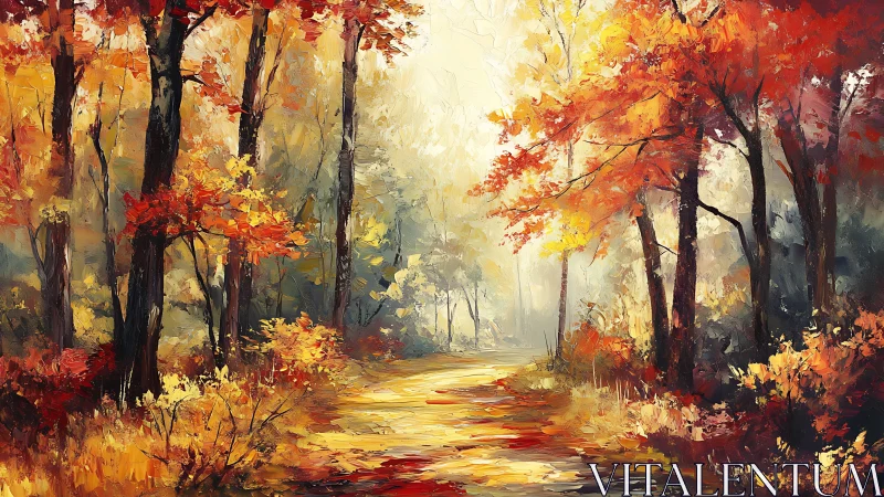 Golden Autumn Path Through Vibrant Woodland