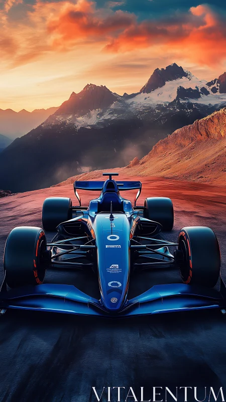 Blue Formula race car on mountain road at vivid sunset.