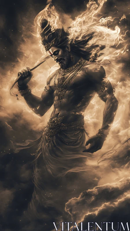 Mythic male figure stands amid clouds and controlled flames