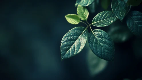 Quiet rain-kissed leaves glow softly against deep shadow