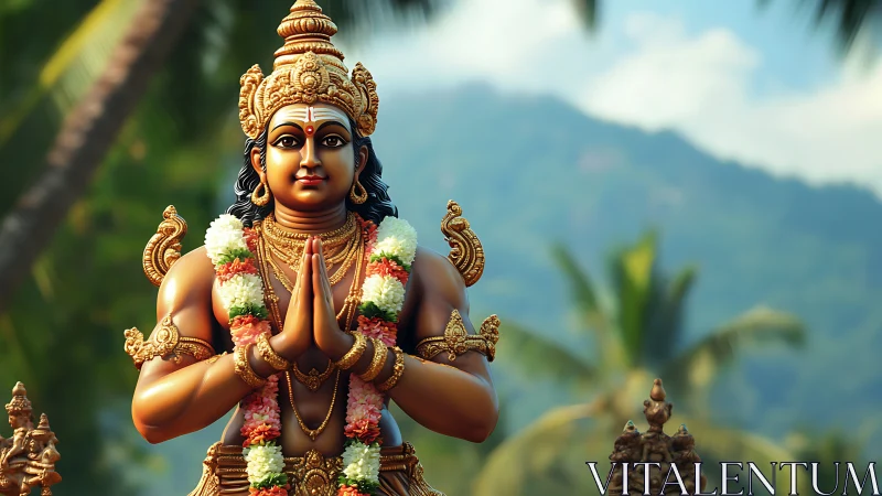 Golden Hindu deity statue radiates serenity in tropical shrine
