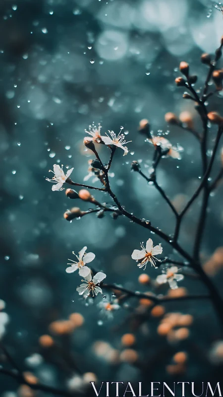 Delicate Petals Dance in Misty Rainfall Symphony