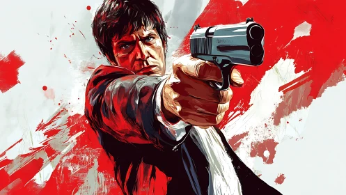 Vectorial gunman close-up with dynamic red splatter backdrop.