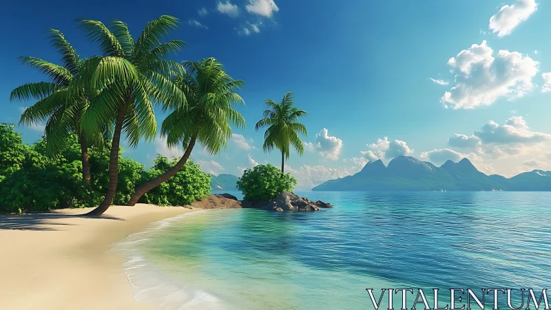Tropical Coastal Landscape with Coconut Palms and Mountain Vista.