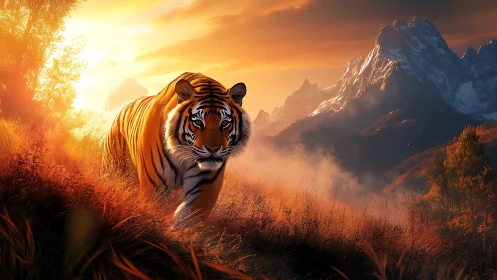Tiger moves through backlit grassland under mountain sunset