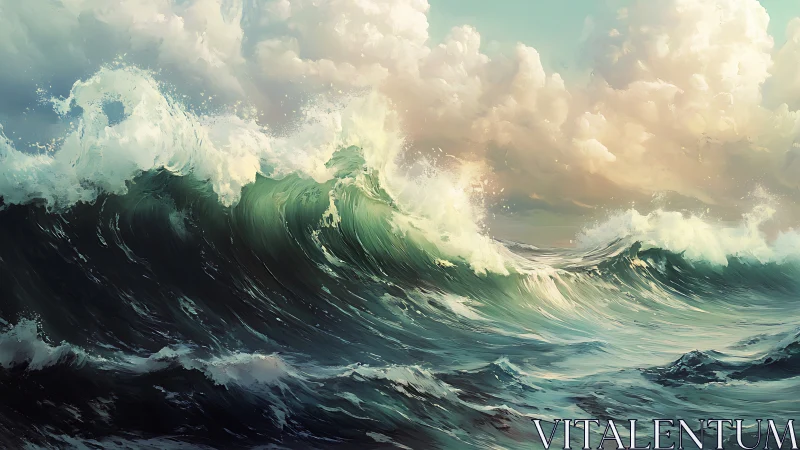 Rolling ocean waves rise under glowing, softly painted clouds