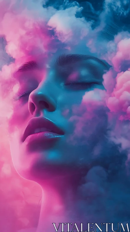 Dreamy neon portrait drifting through soft pink clouds.
