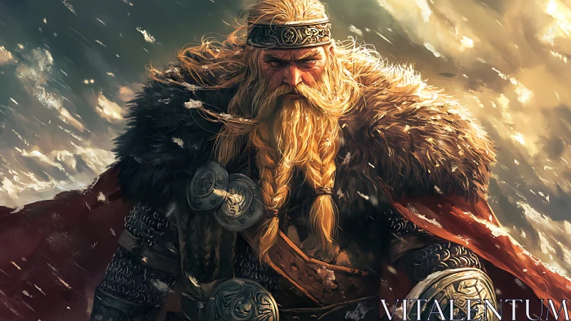 Storm-scarred Viking warlord in fur cloak against snowstorm.