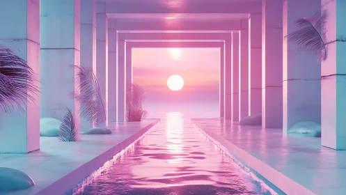 Neon Corridor with Sunset Reflection and Palm Architecture.