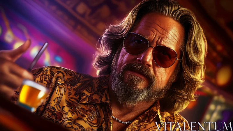 Cinematic bar portrait with saturated bokeh and rim lighting.