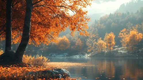 Autumn lake shoreline with orange trees and calm water.