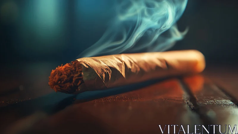 Smoking cigar rests on wooden surface with rising smoke