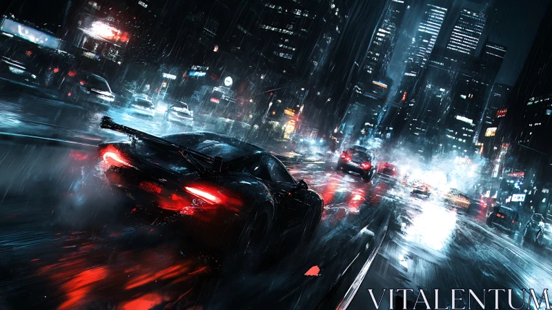 Supercar slices through neon rain on slick night freeway.