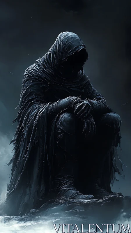 Shrouded dark wraith seated in stormlit misty void.
