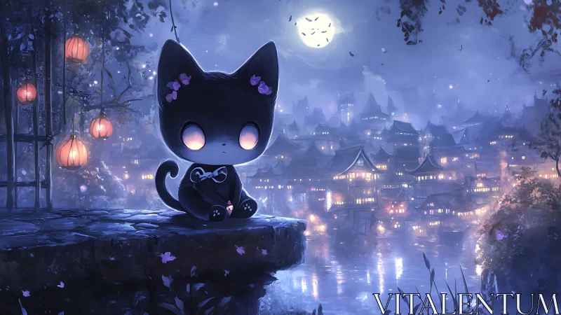 Black chibi cat overlooking lantern lit riverside town at night.
