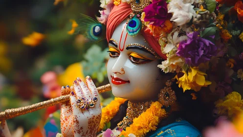 Vibrant deity portrait with ornate florals and golden flute