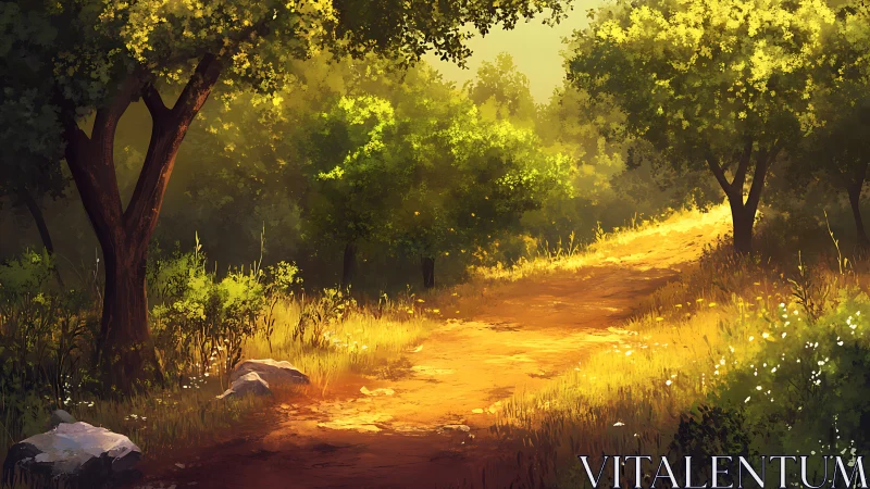 Sunlit Forest Path Through Golden Meadow and Ancient Trees