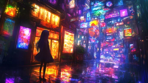 Silhouetted girl stands in neon alley reflecting vibrant signs