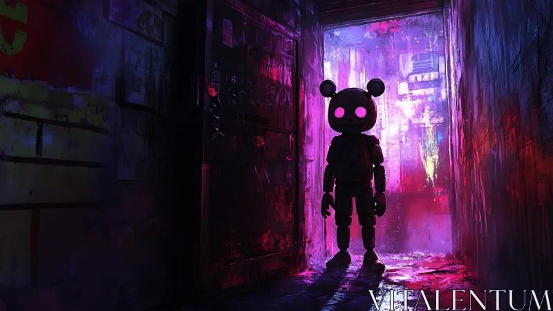 Neon alley sentinel robot with glowing mouse eyes stands watch.