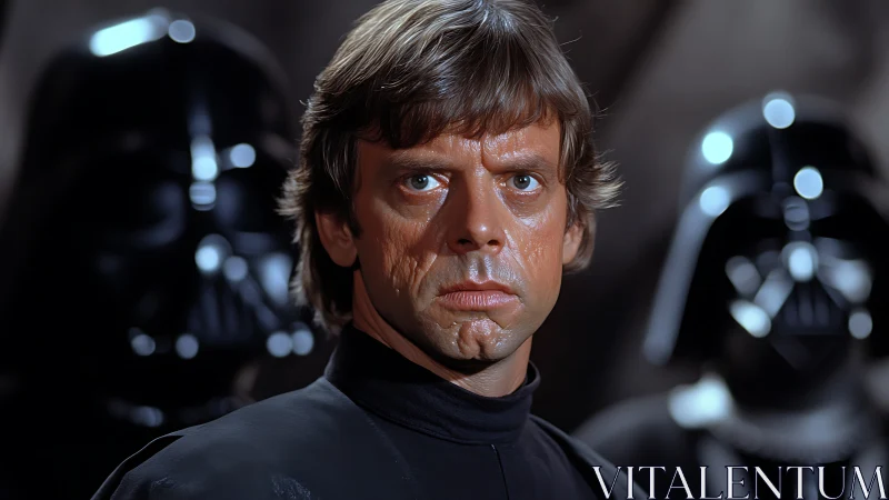 Cinematic close-up portrait framed by defocused armored figures