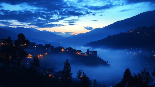 Hill town lights glow above misty blue mountain valley at dusk.
