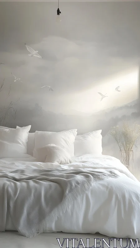 Serene white bed against misty bird and mountain mural.