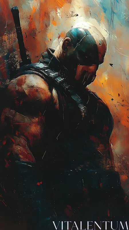 Armored masked warrior in moody chiaroscuro, fiery backdrop