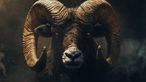 Powerful ram portrait glowing with moody golden light.